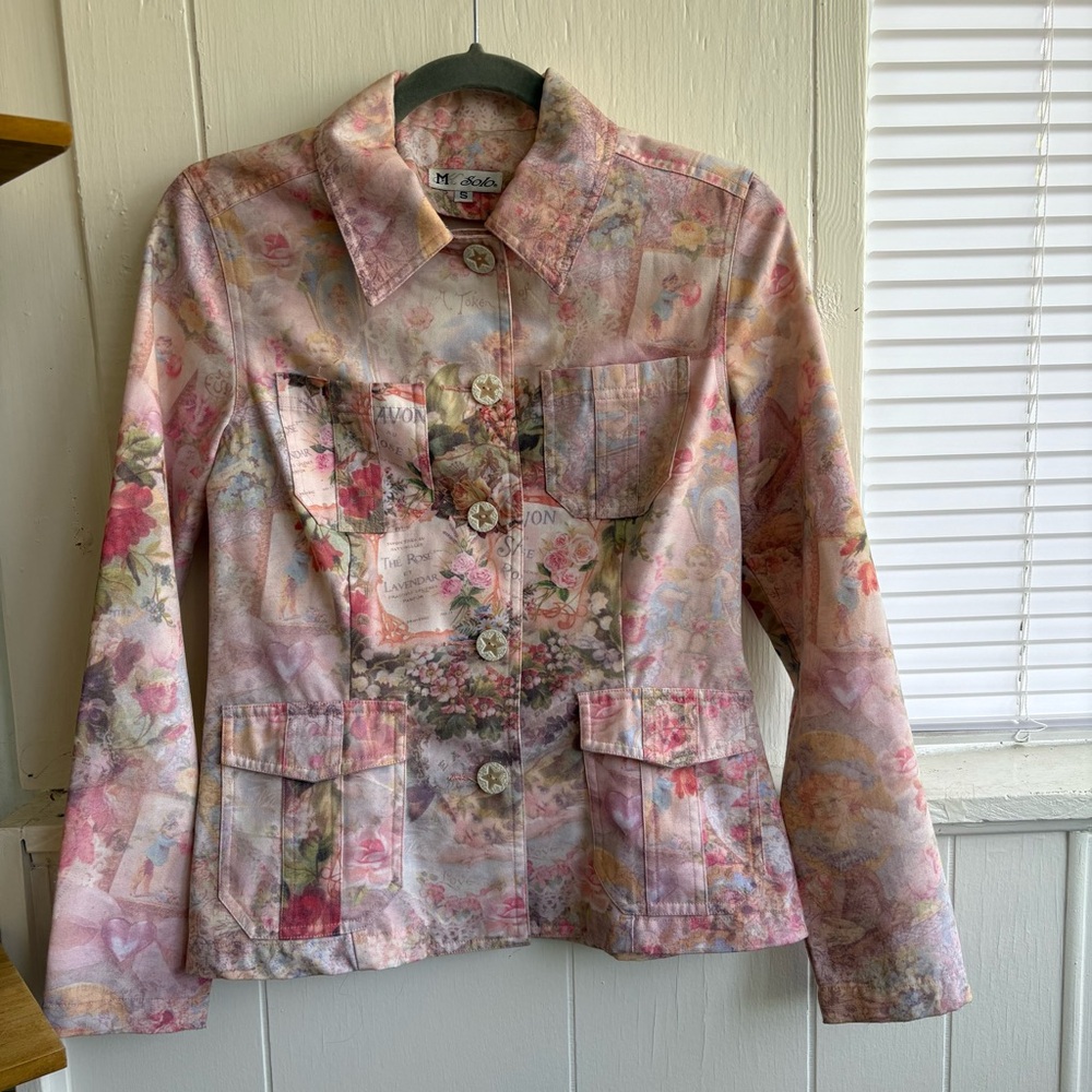 Mk Solo Pink Utility Jacket with Floral and cherub Pattern, size small